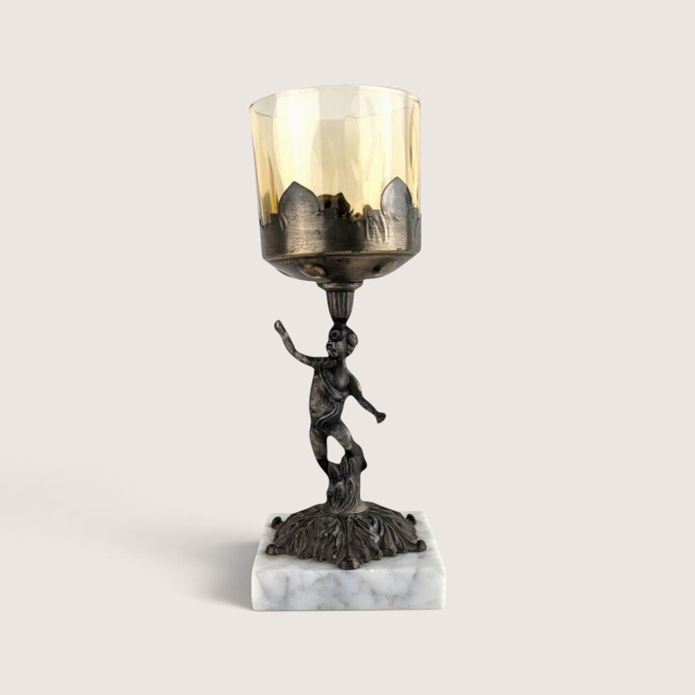 Vintage Italian Cherub Marble Base Amber Glass Votive Holder